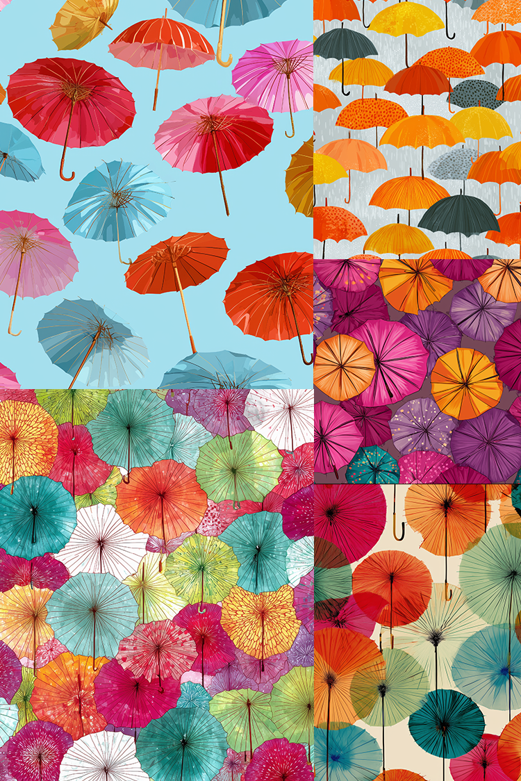 A collage of six different seamless patterns featuring colorful traditional Japanese umbrellas in shades of pink, orange, red, blue, green, and purple on light-colored backgrounds.