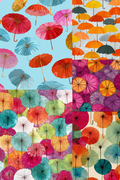 A collage of six different seamless patterns featuring colorful traditional Japanese umbrellas in shades of pink, orange, red, blue, green, and purple on light-colored backgrounds.