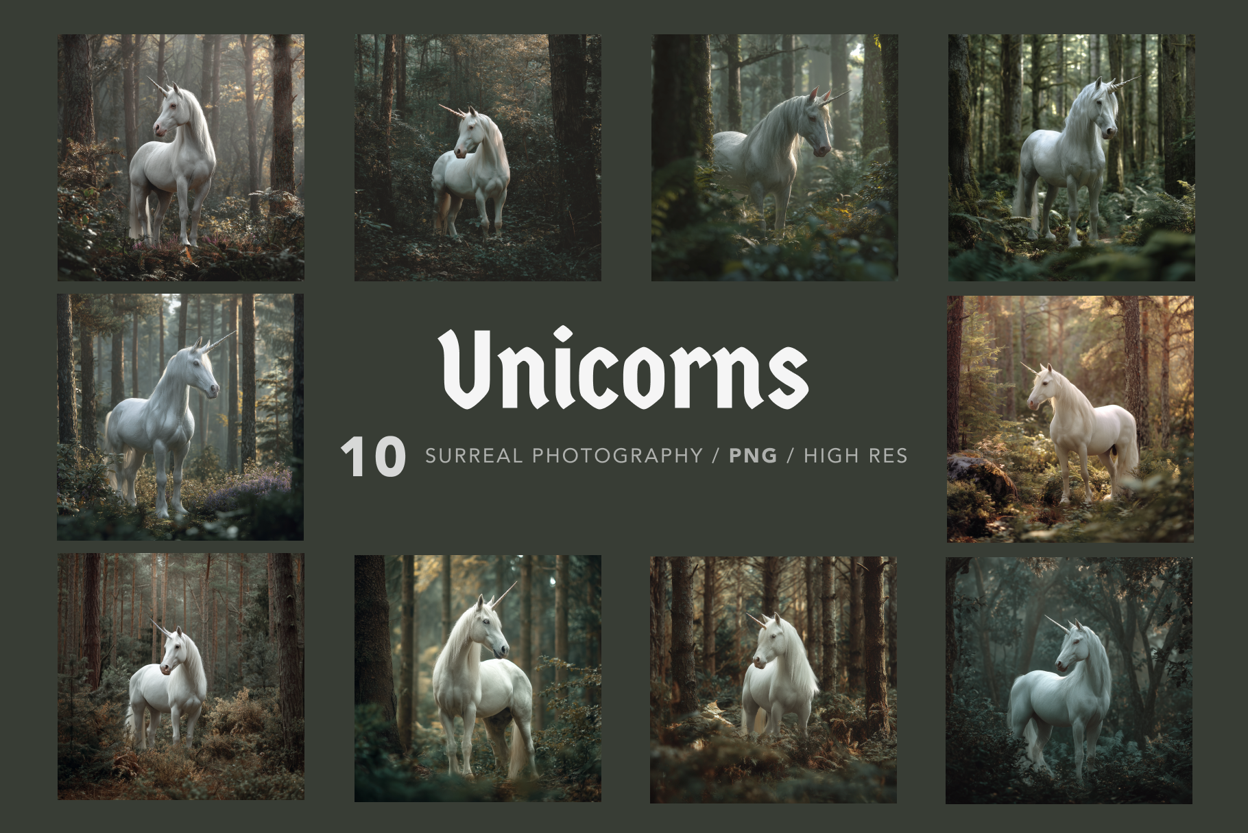 Collage of unicorns in a forest with the word 'Unicorns' displayed.