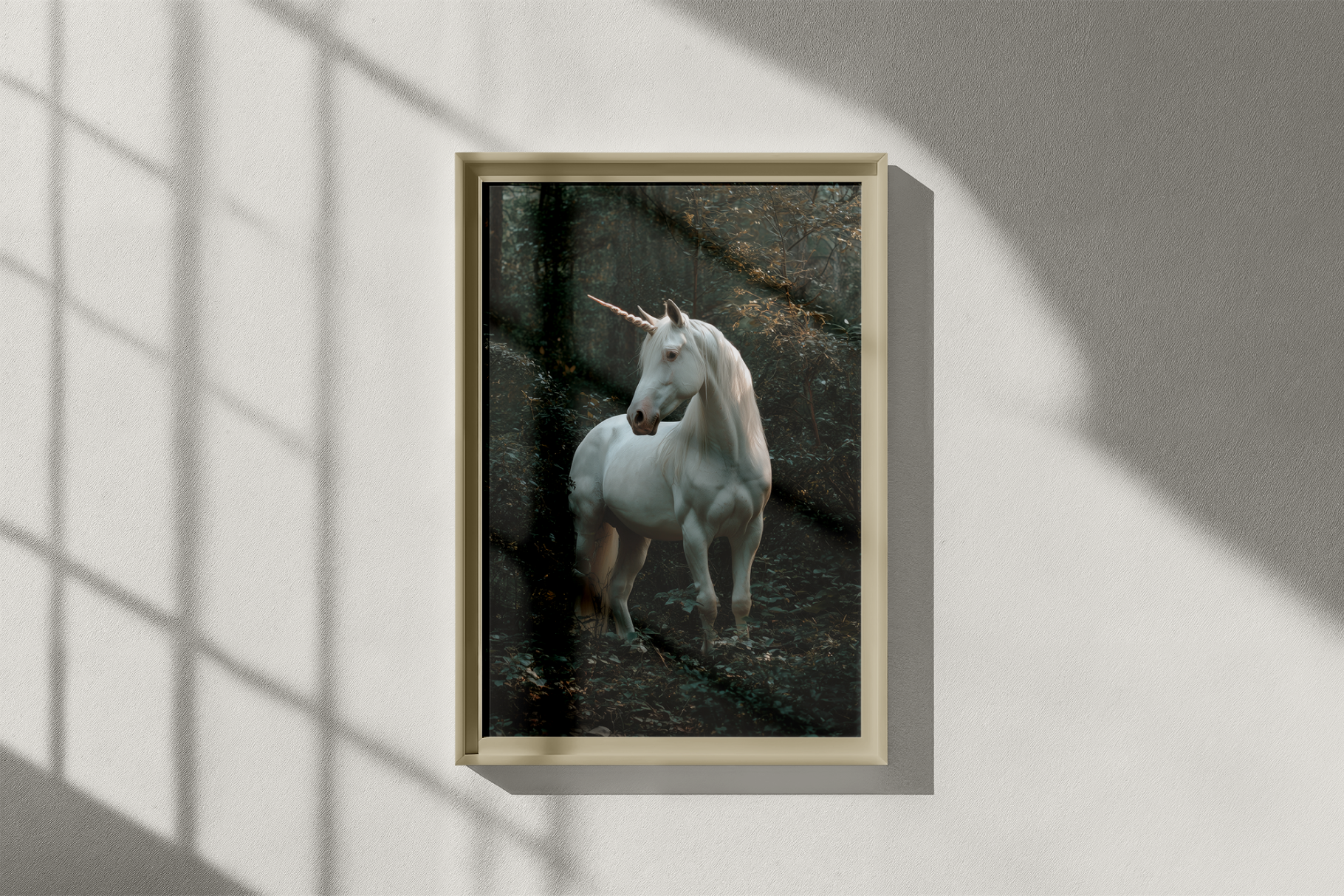 Framed picture of a unicorn on a wall with shadows from a window.