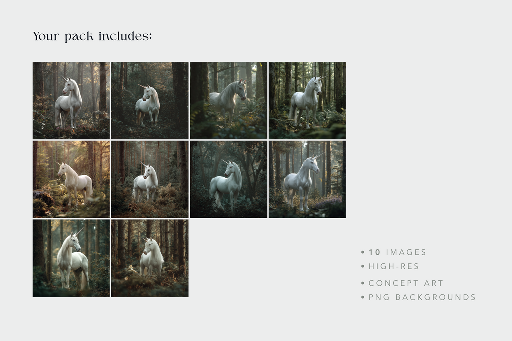Promotional image of a pack containing 10 high-res images of white horses in a forest with text detailing the contents.