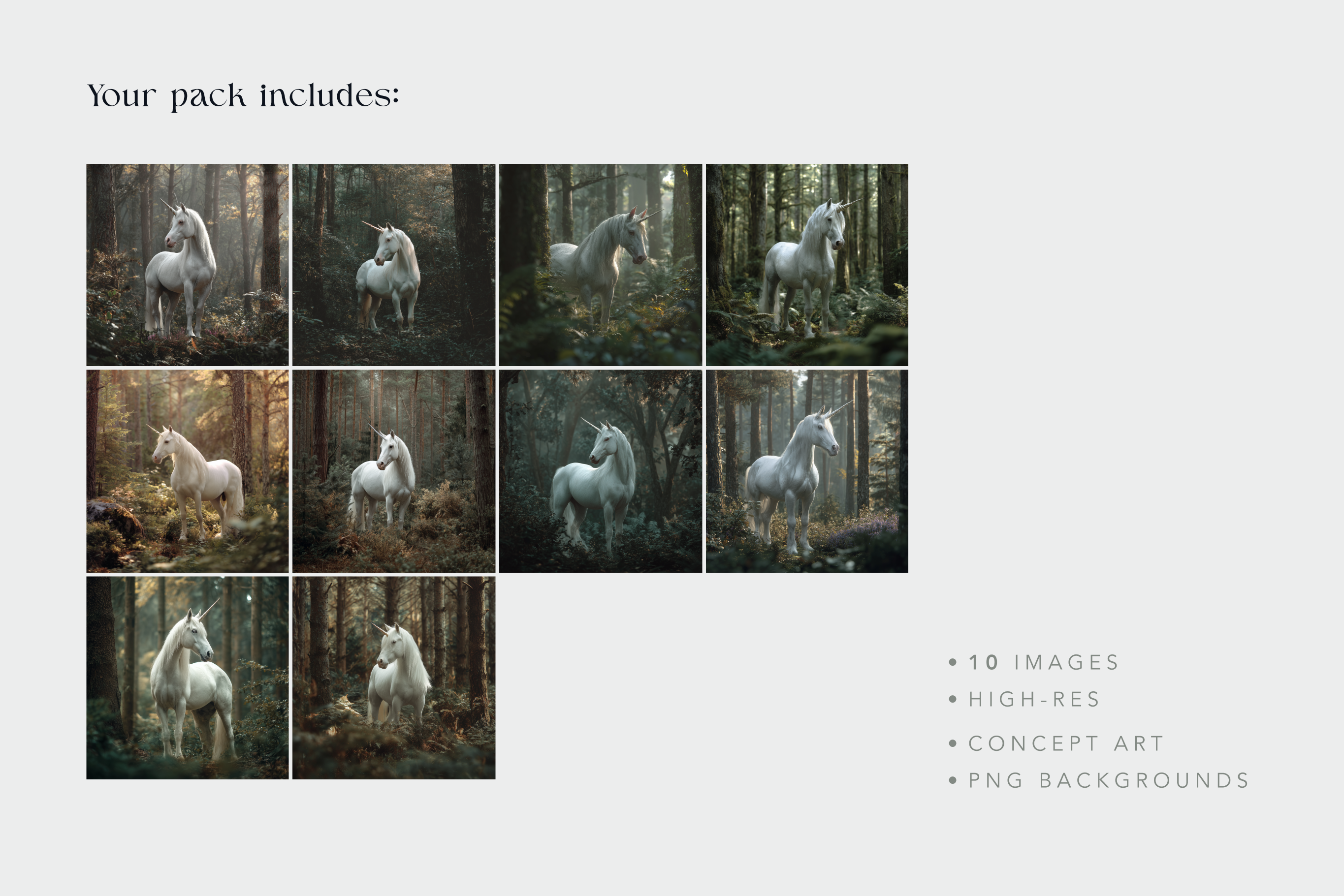 Promotional image of a pack containing 10 high-res images of white horses in a forest with text detailing the contents.