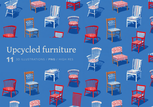 Pattern of upcycled furniture illustrations on a blue background with text 'Upcycled furniture'.