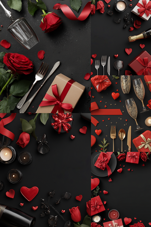 Valentine's Day-themed collage with red roses, gift boxes, and decorative items on a black background.