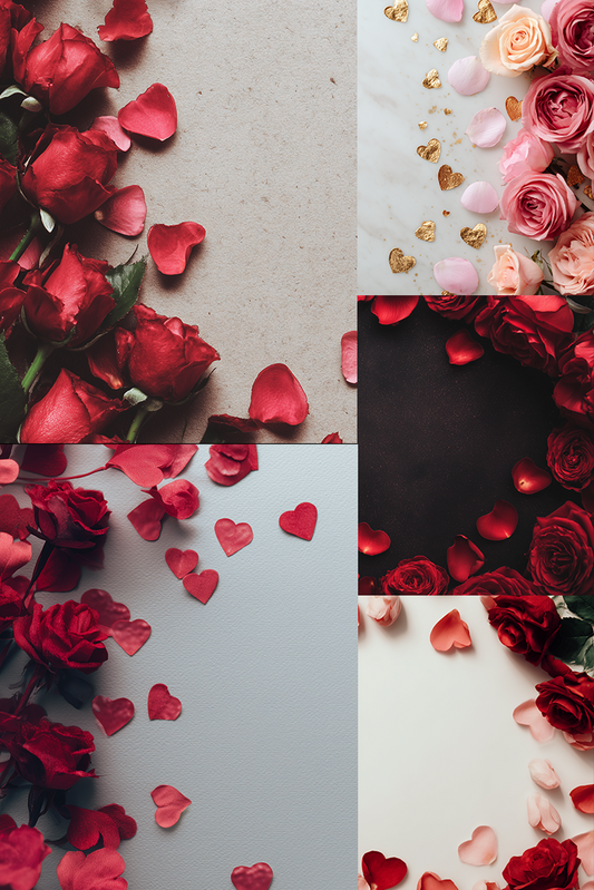 Collage of red roses and heart-shaped petals on various backgrounds.