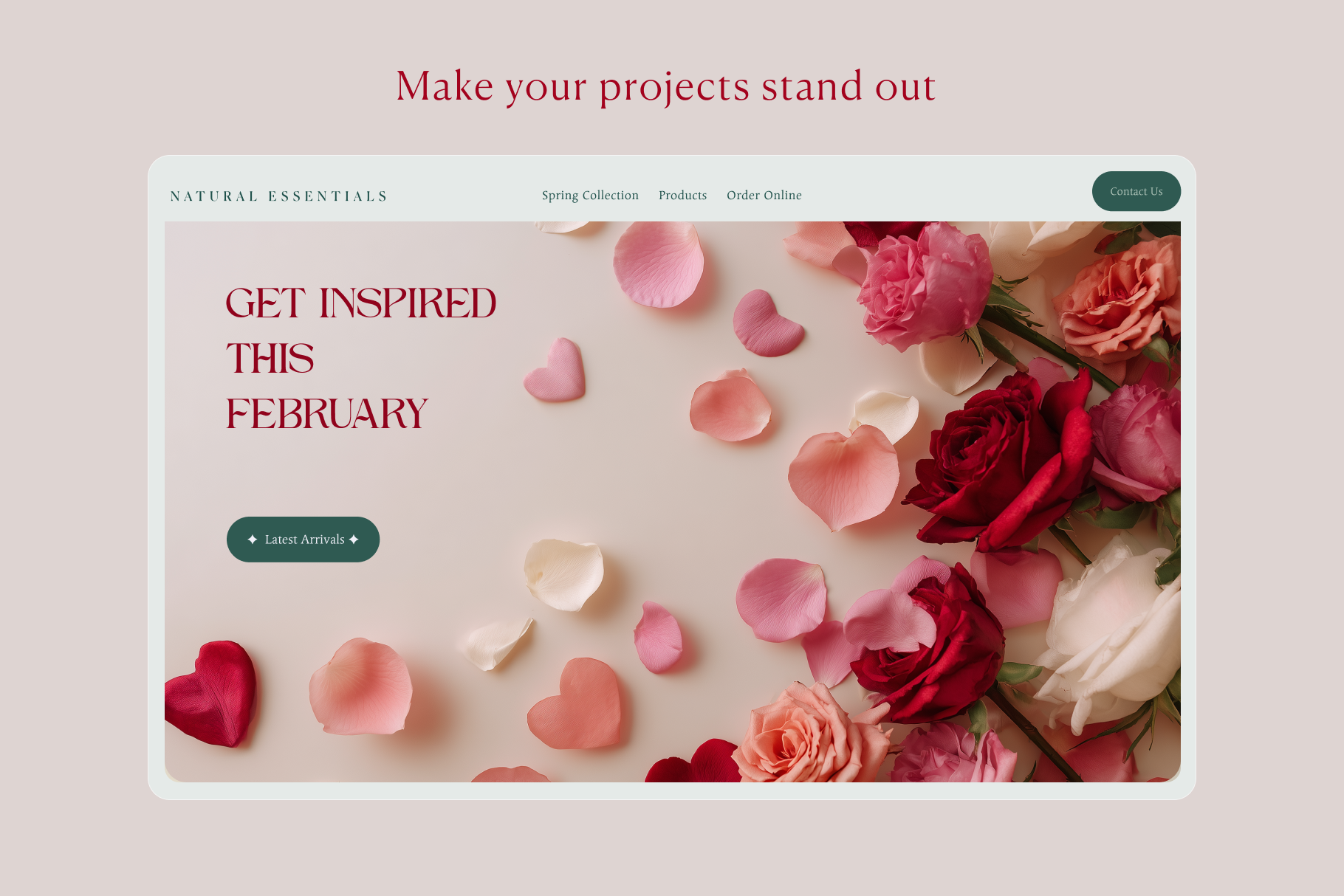 Website homepage with flowers and text on a light pink background