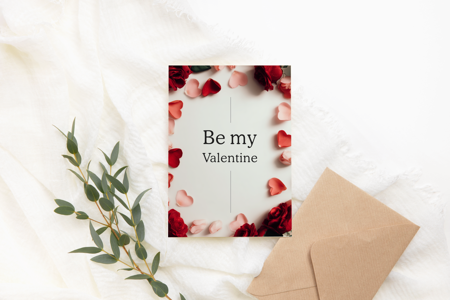 Valentine's Day card with red and pink hearts and 'Be my Valentine' text, surrounded by greenery and an envelope on a white background.