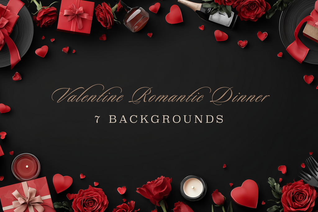 Valentine's Day-themed background with red roses, candles, and gift boxes on a black background.