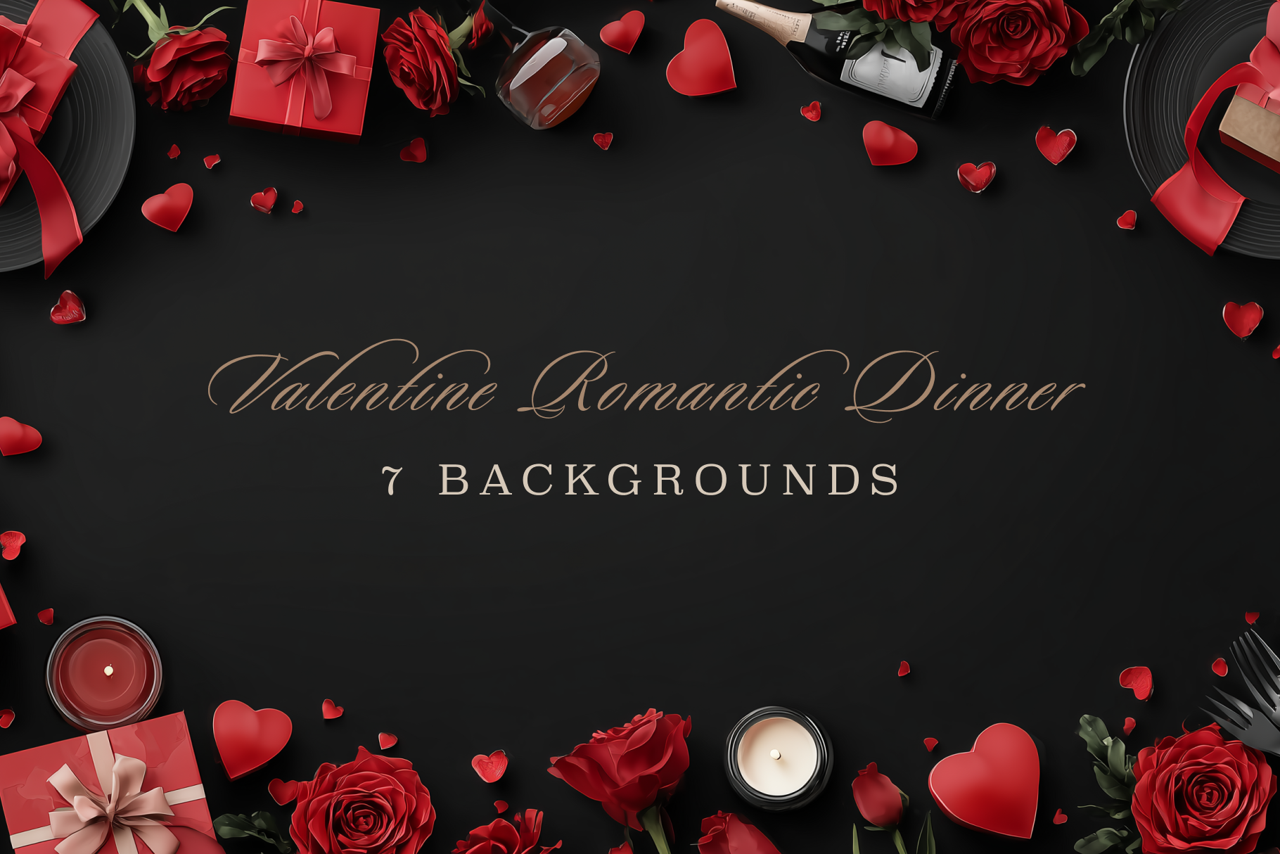 Valentine's Day-themed background with red roses, candles, and gift boxes on a black background.