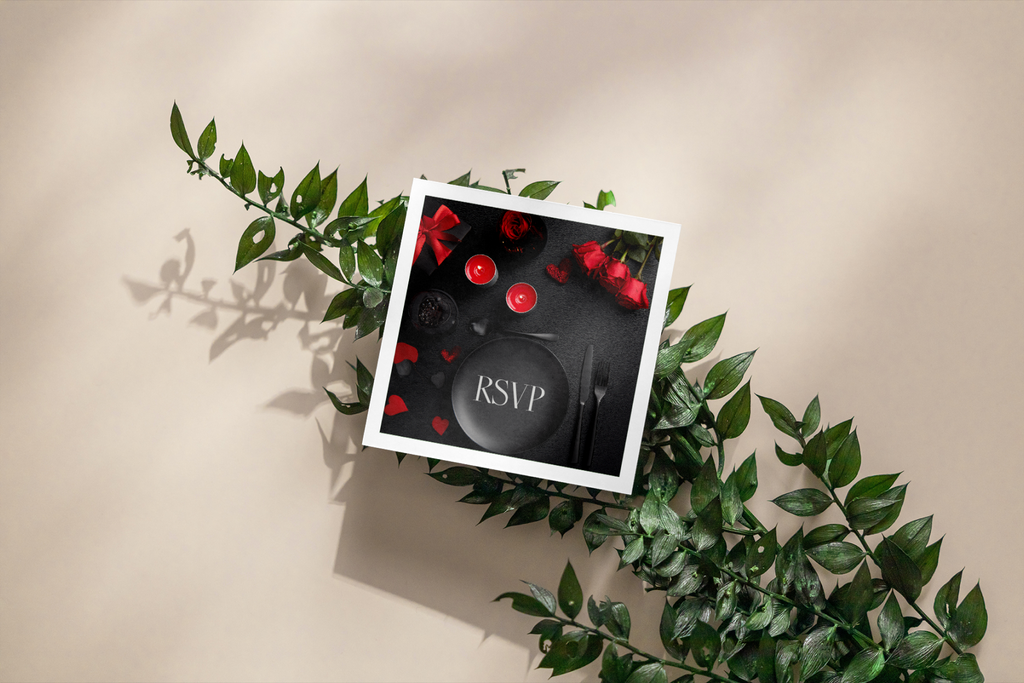 Black card with red text and cherries on a beige background with green leaves.