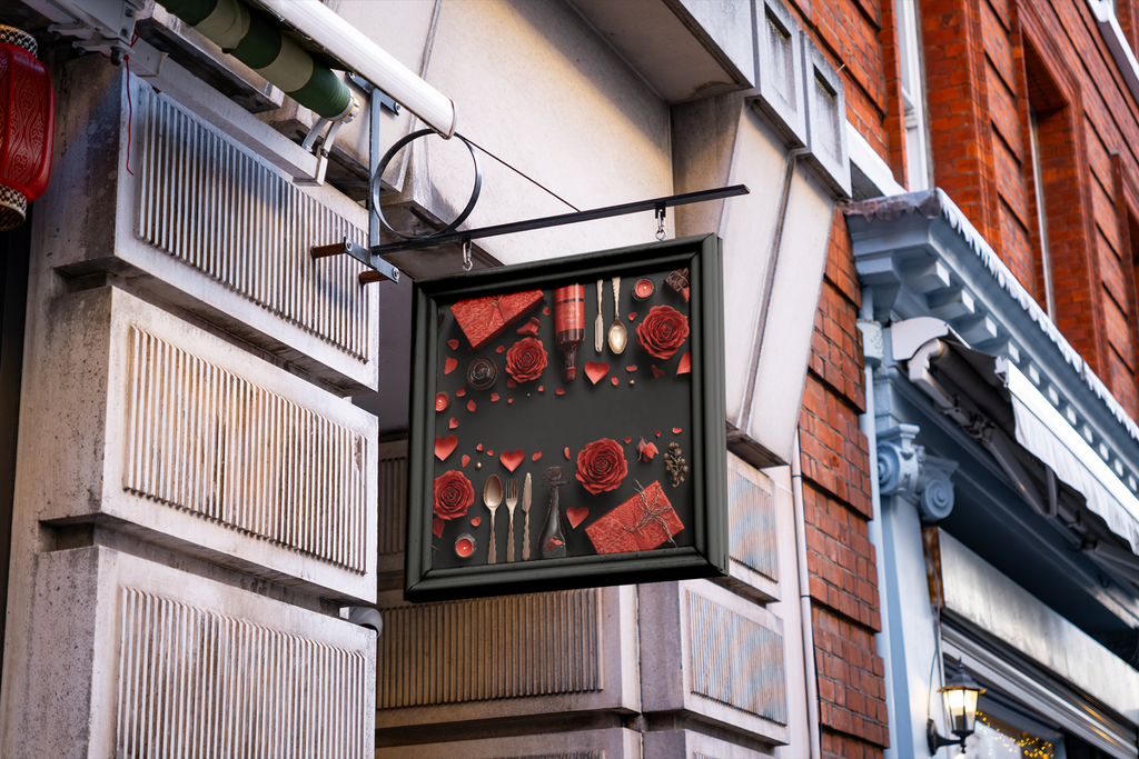 Decorative sign with red roses and makeup items on a building facade