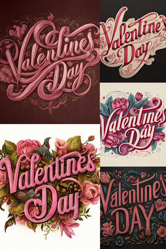 Collage of Valentine's Day-themed text designs with floral and decorative elements.