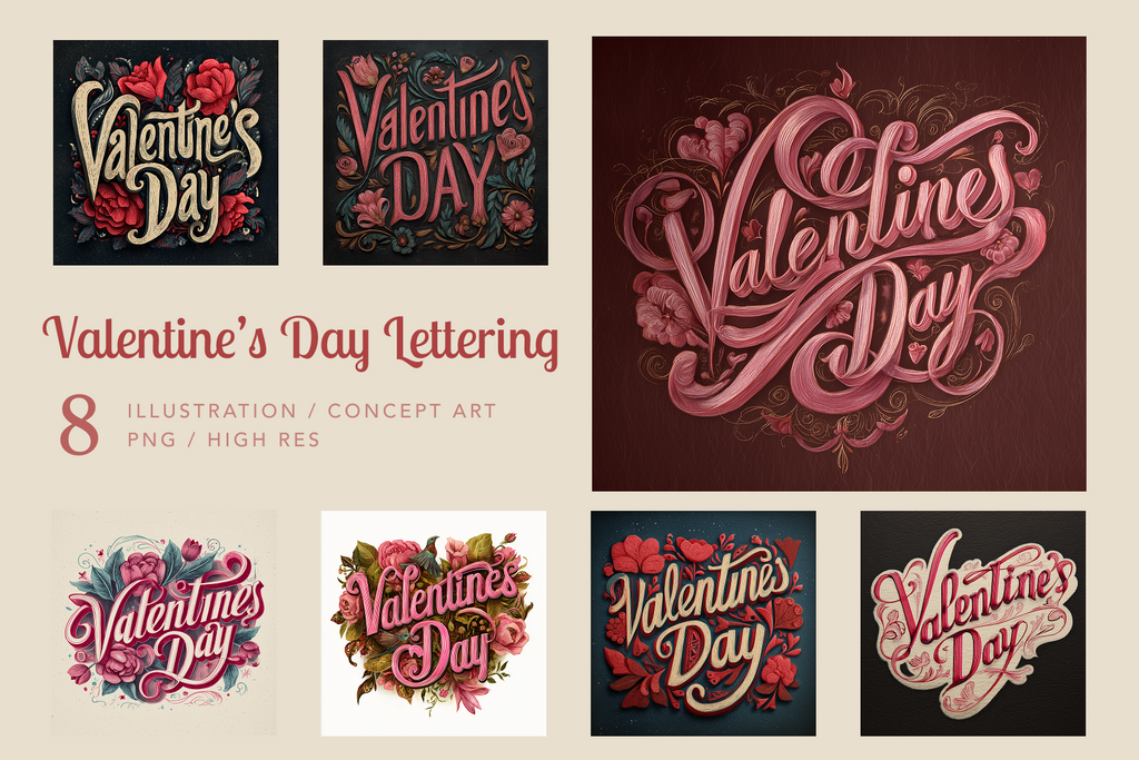 Collection of Valentine's Day-themed lettering designs on a beige background.