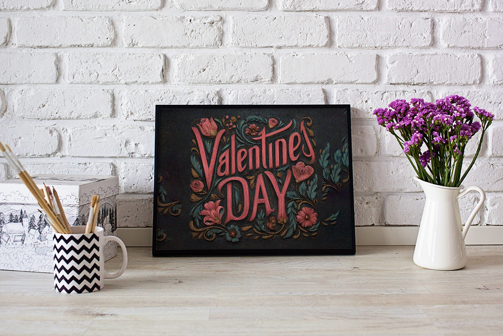 Decorative sign with 'Valentine's Day' text on a white brick wall background.