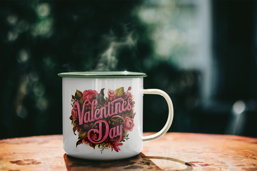 Valentine's Day mug with floral design on a wooden table