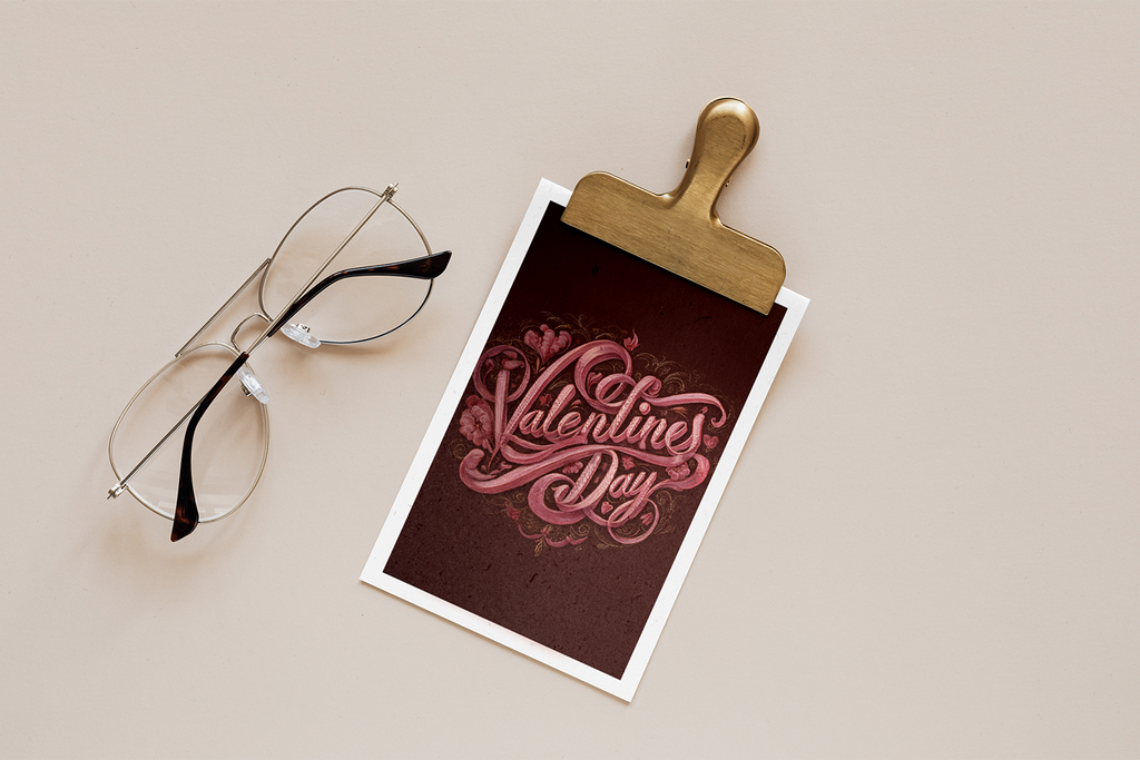 Valentine's Day card with decorative text on a beige background with glasses.