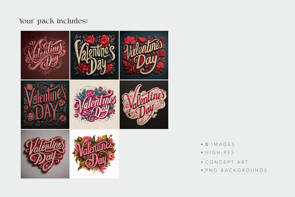 Pack of Valentine's Day-themed designs with colorful text and floral elements on a white background.
