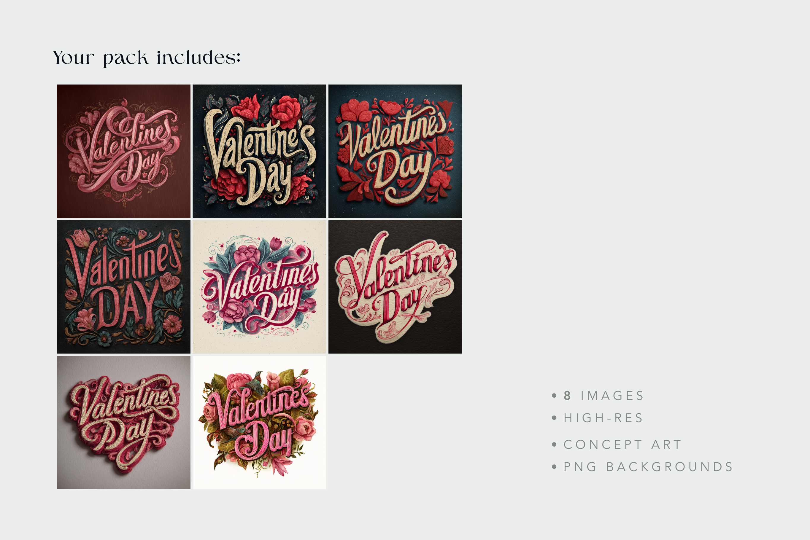 Pack of Valentine's Day-themed designs with colorful text and floral elements on a white background.