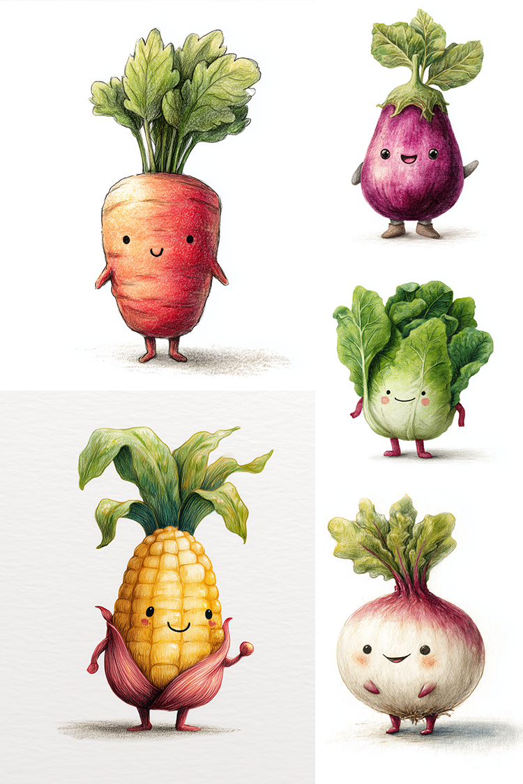 Five cute anthropomorphic vegetable characters arranged on a white background: a smiling carrot, a purple turnip, a green cabbage, a yellow corn cob, and a white onion with pinkish-purple layers. The illustration has a hand-drawn watercolor style with small limbs and happy faces.
