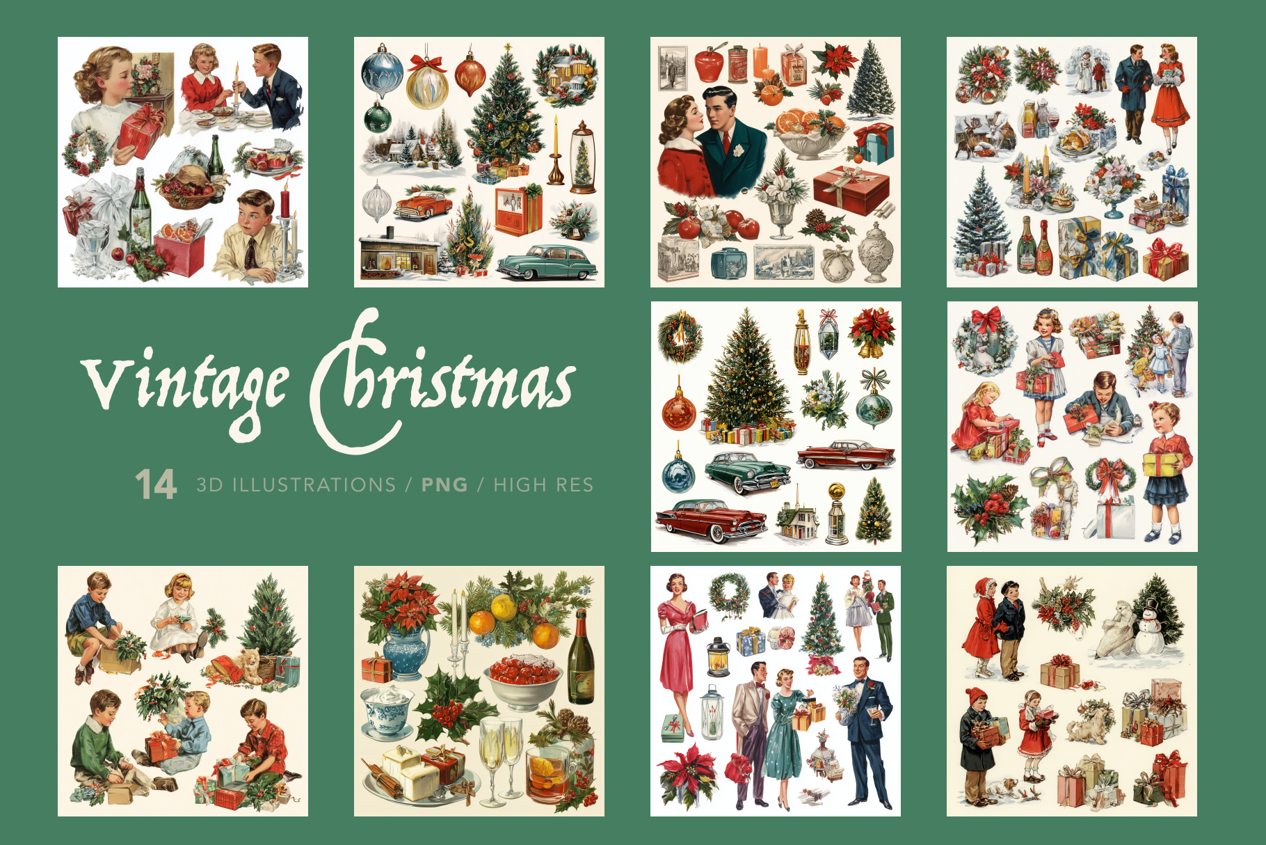 Collection of vintage Christmas illustrations on a green background