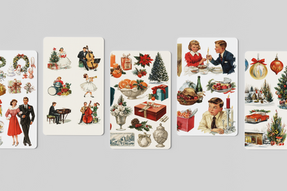 Set of vintage-style Christmas cards with holiday scenes and people on a gray background.