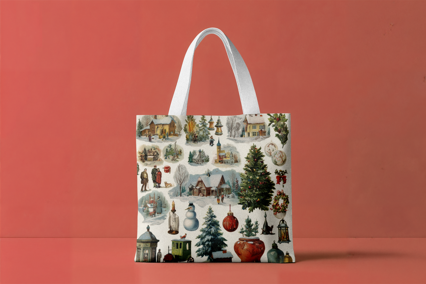 Tote bag with Christmas-themed design on a red background