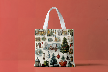 Tote bag with Christmas-themed design on a red background