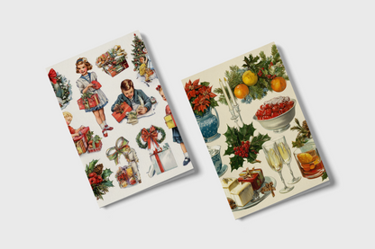 Two Christmas-themed notebooks with vintage illustrations on a white background