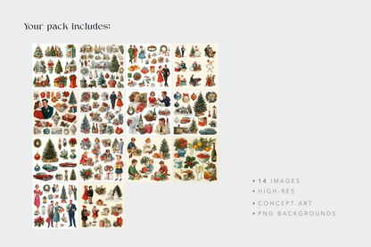 Collection of vintage-style Christmas illustrations on a white background with text indicating the pack contents.