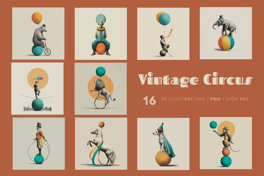 A collection of vintage circus illustrations featuring animal performers such as bears, elephants, and monkeys in whimsical acts like riding monocycles and balancing balls.