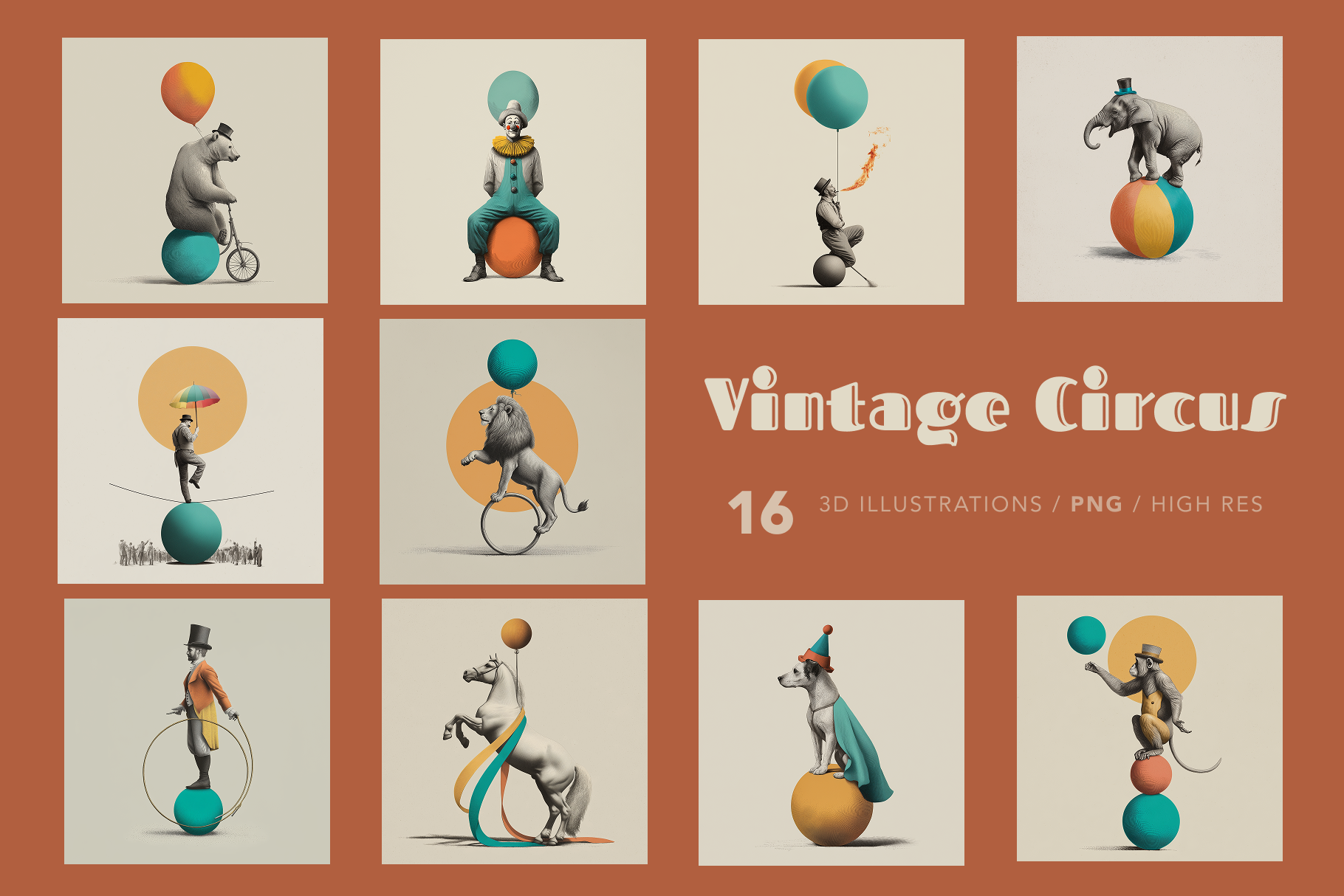 A collection of vintage circus illustrations featuring animal performers such as bears, elephants, and monkeys in whimsical acts like riding monocycles and balancing balls.