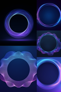 A 2x2 collage of glowing abstract ring designs on a dark background, featuring purple, blue, and pink neon-like circular patterns.