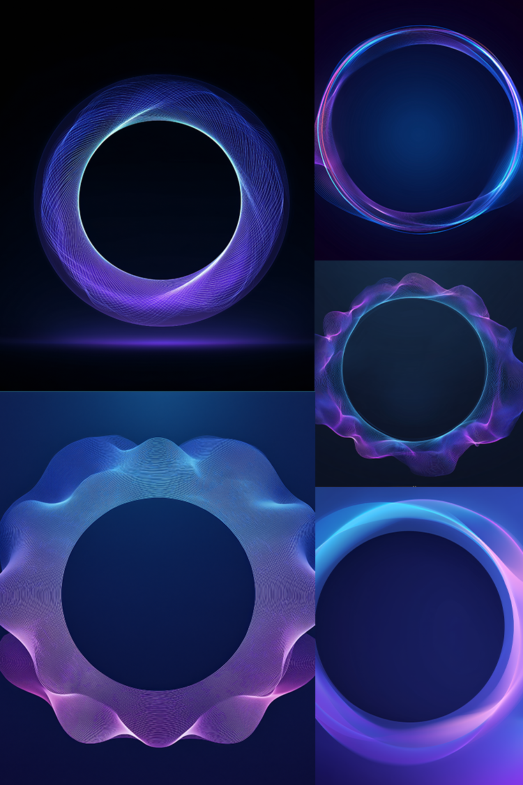 A 2x2 collage of glowing abstract ring designs on a dark background, featuring purple, blue, and pink neon-like circular patterns.
