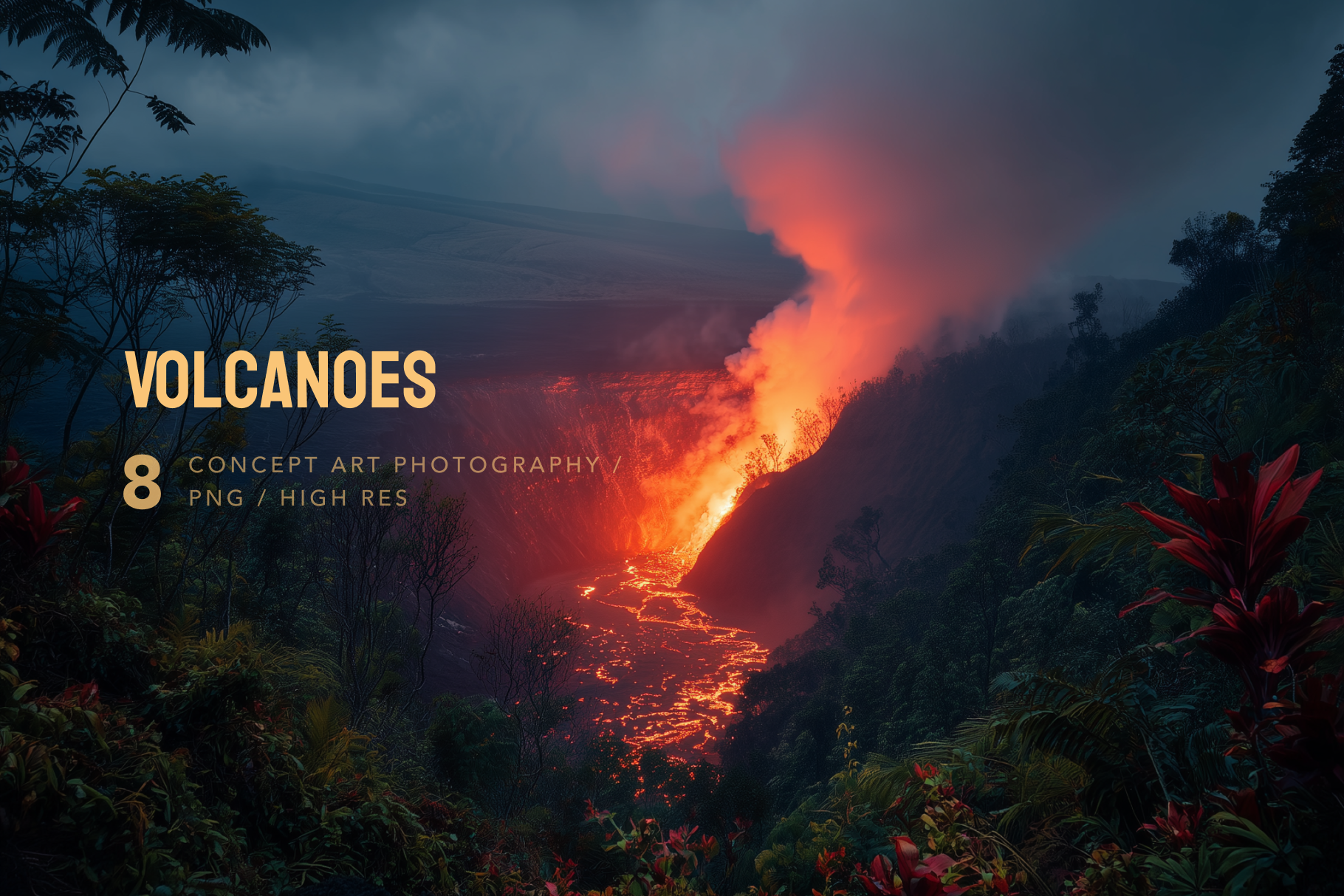 Volcanic eruption with lava flowing through a valley, surrounded by dark forest.