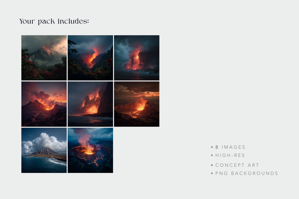 Promotional image of a pack containing eight high-resolution images of volcanic landscapes with a light gray background.