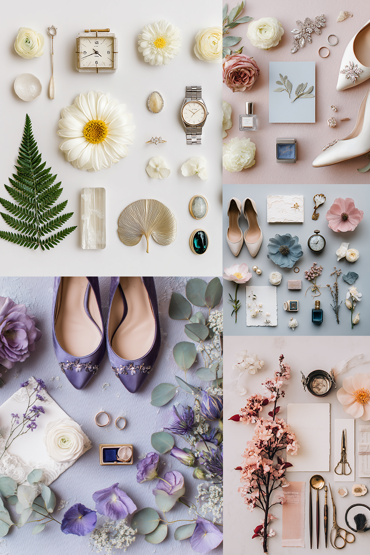 A four-panel flat lay collage showcasing elegant wedding and bridal accessories, including purple pointed-toe flats, white and pink flowers, a wristwatch, brooches, nail polish, and stationery, arranged beautifully on pastel backgrounds.