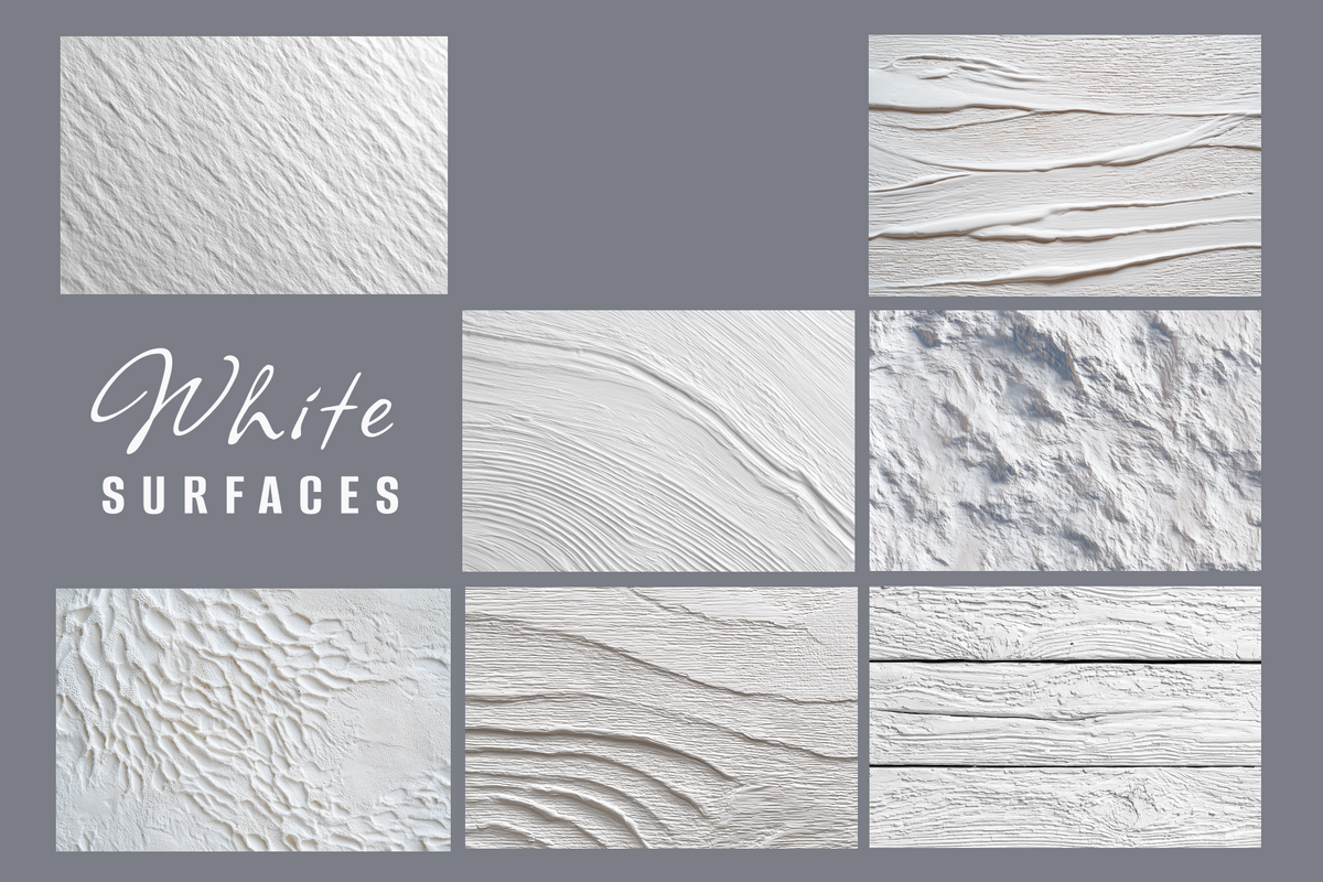 A collage of white textured surface samples on a gray background, with the text 'White SURFACES' in the left panel. The samples show various plaster, stucco, wood grain, and ribbed textures.