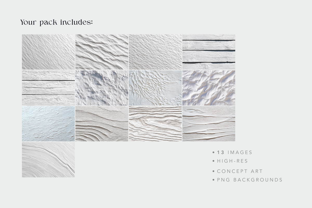 A promotional graphic for a digital texture pack showing a grid of 13 light gray and off-white textured panels with text reading 'Your pack includes:' and bullet points '13 IMAGES', 'HIGH-RES', 'CONCEPT ART', and 'PNG BACKGROUNDS'.