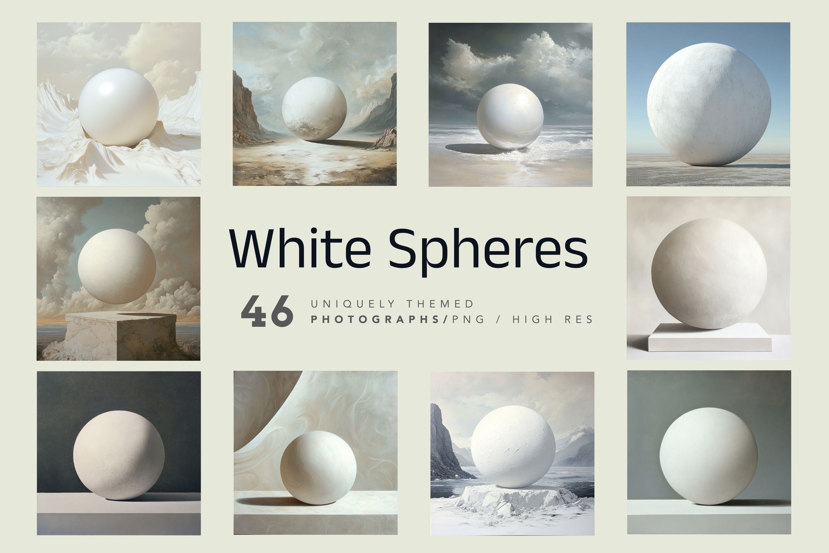 A collection of stock images featuring white spherical objects in various settings, with an emphasis on different lighting and shadows.