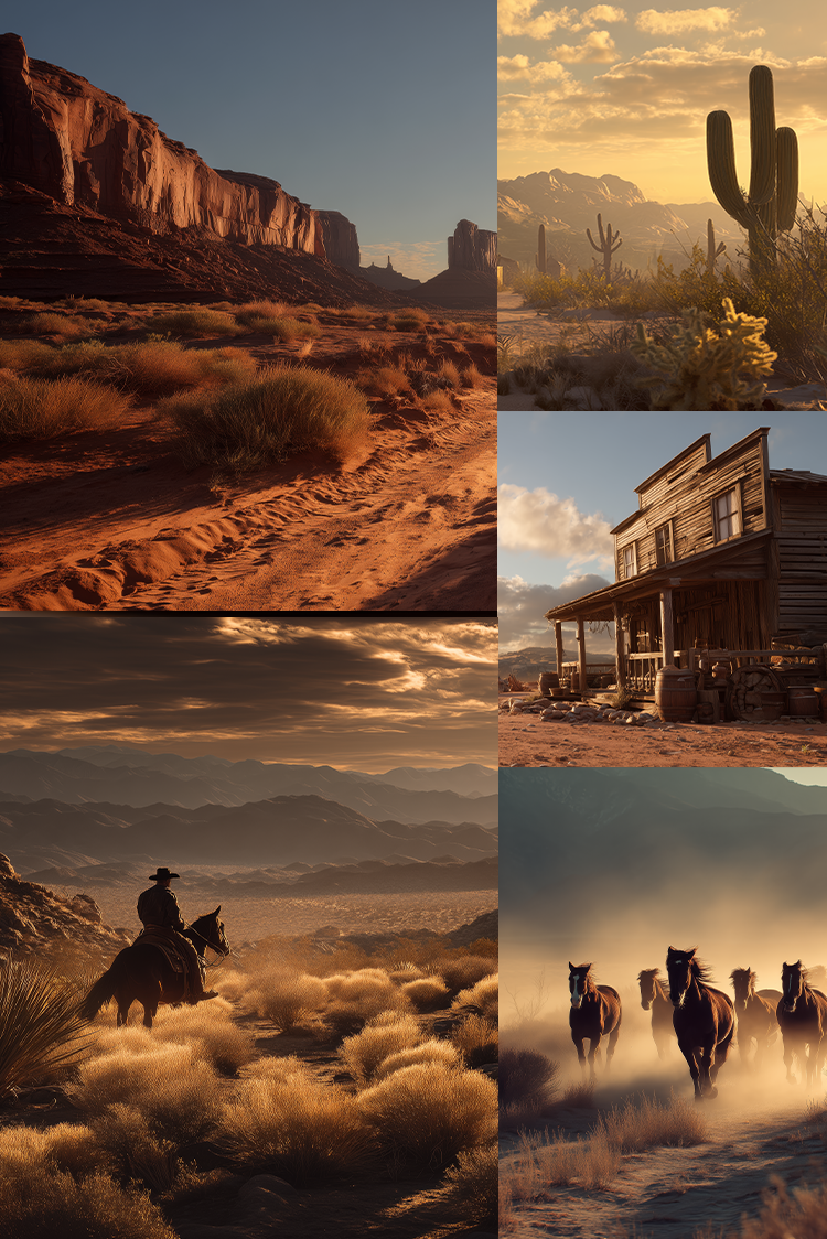 A six-panel collage of warm-toned western and desert landscapes, including rock formations, a cactus in a desert, a rustic old building, a rider on horseback through mist, and horses running in dust.
