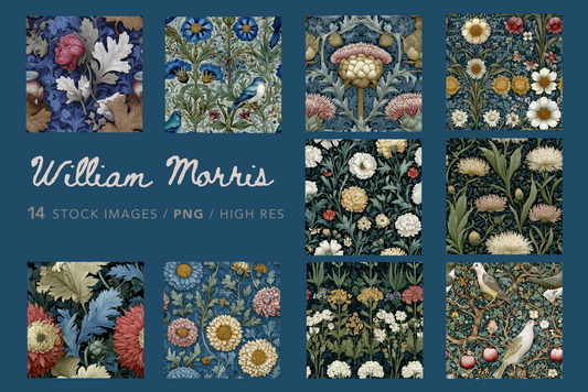 Collection of William Morris floral patterns on a blue background