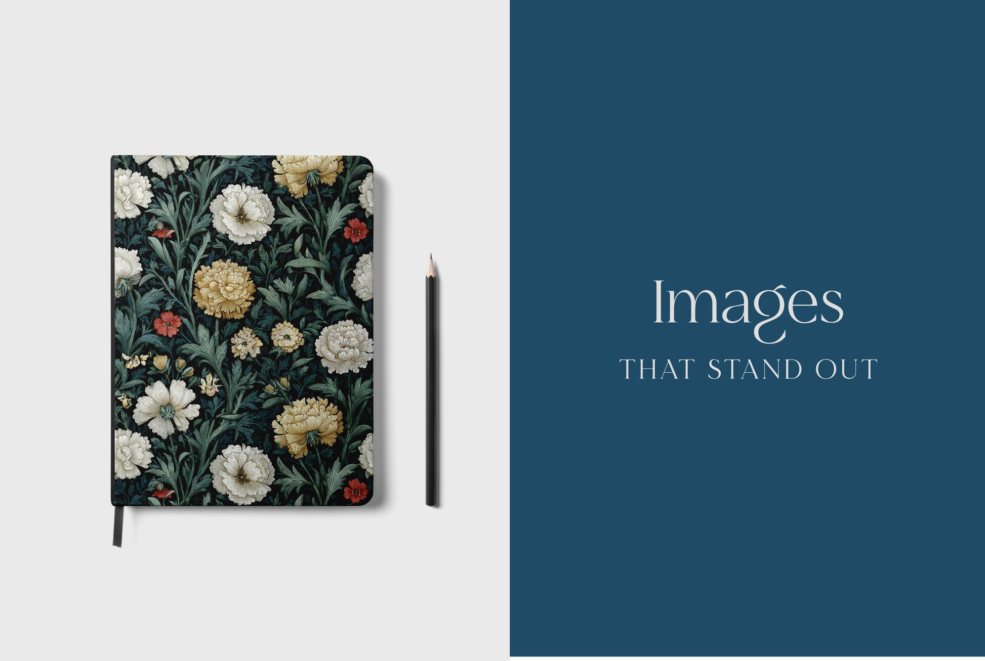 Floral notebook on a white background with 'Images That Stand Out' text.