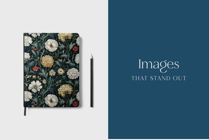 Floral notebook on a white background with 'Images That Stand Out' text.