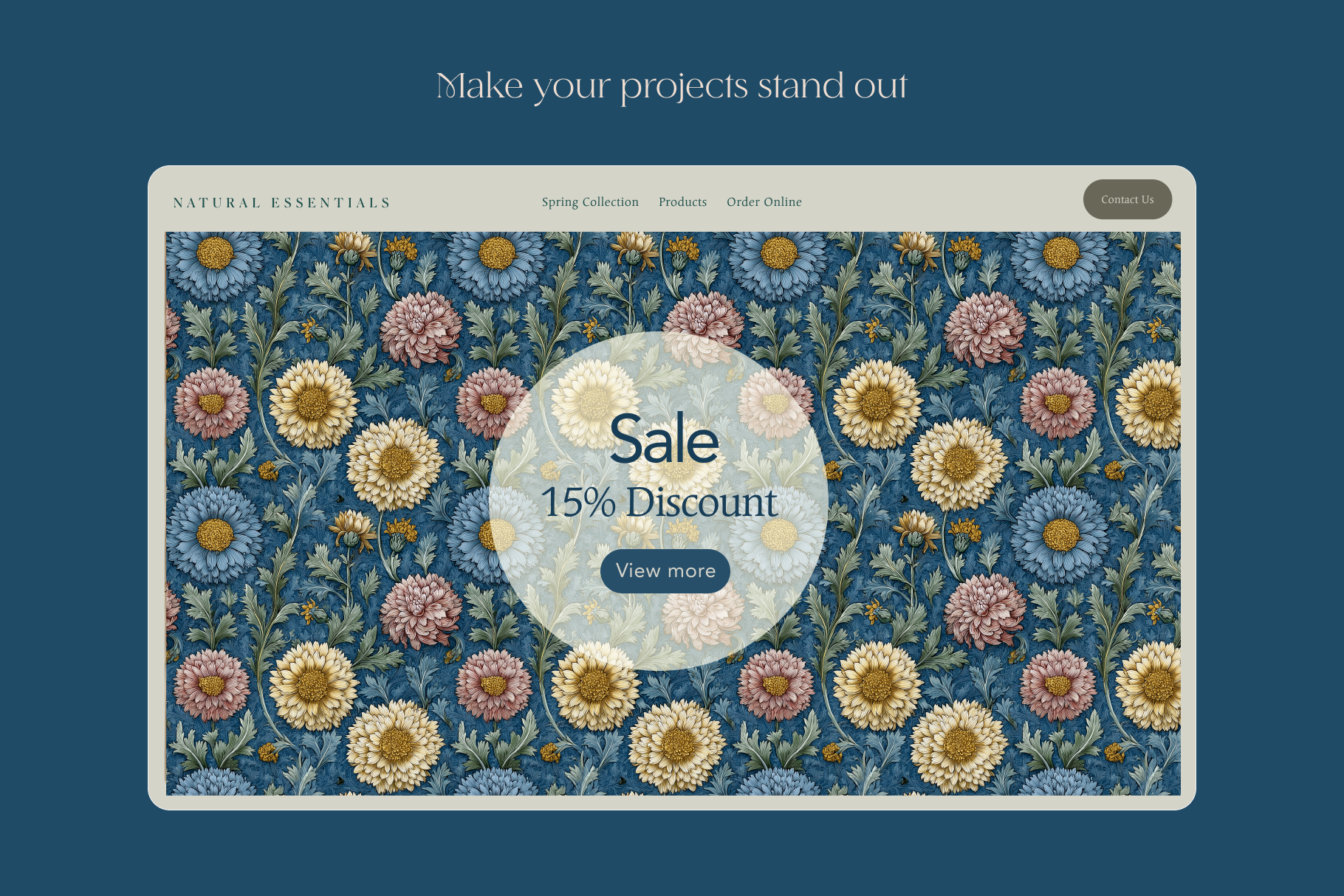 Floral patterned website interface with a sale discount offer on a blue background