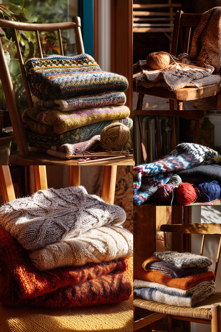 A collage of knitted sweaters and scarves displayed on wooden chairs, with balls of yarn nearby. The products show a variety of colors and knit patterns, including a gray cable-knit sweater, a rust-orange knit, a blue and red patterned scarf, and a yellow-and-blue patterned sweater.