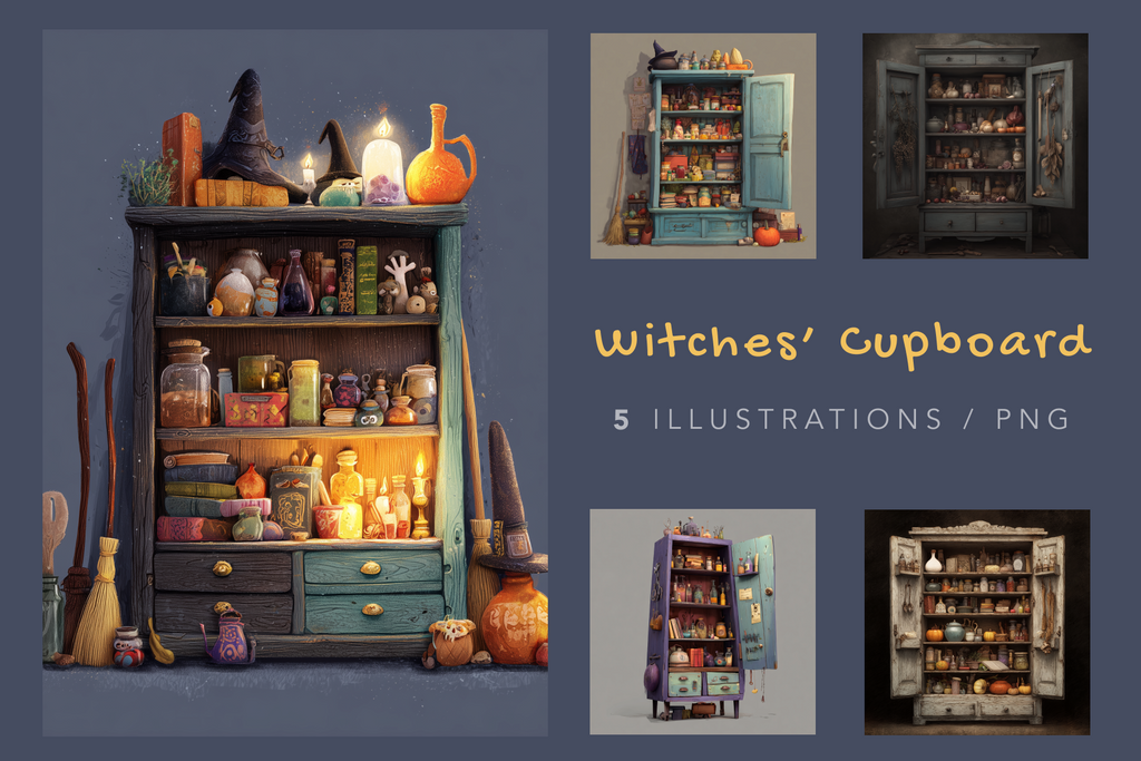 Witches' Cupboard illustrations with a dark blue background