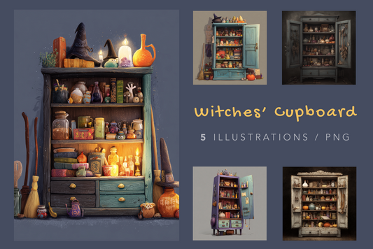 Witches' Cupboard illustrations with a dark blue background