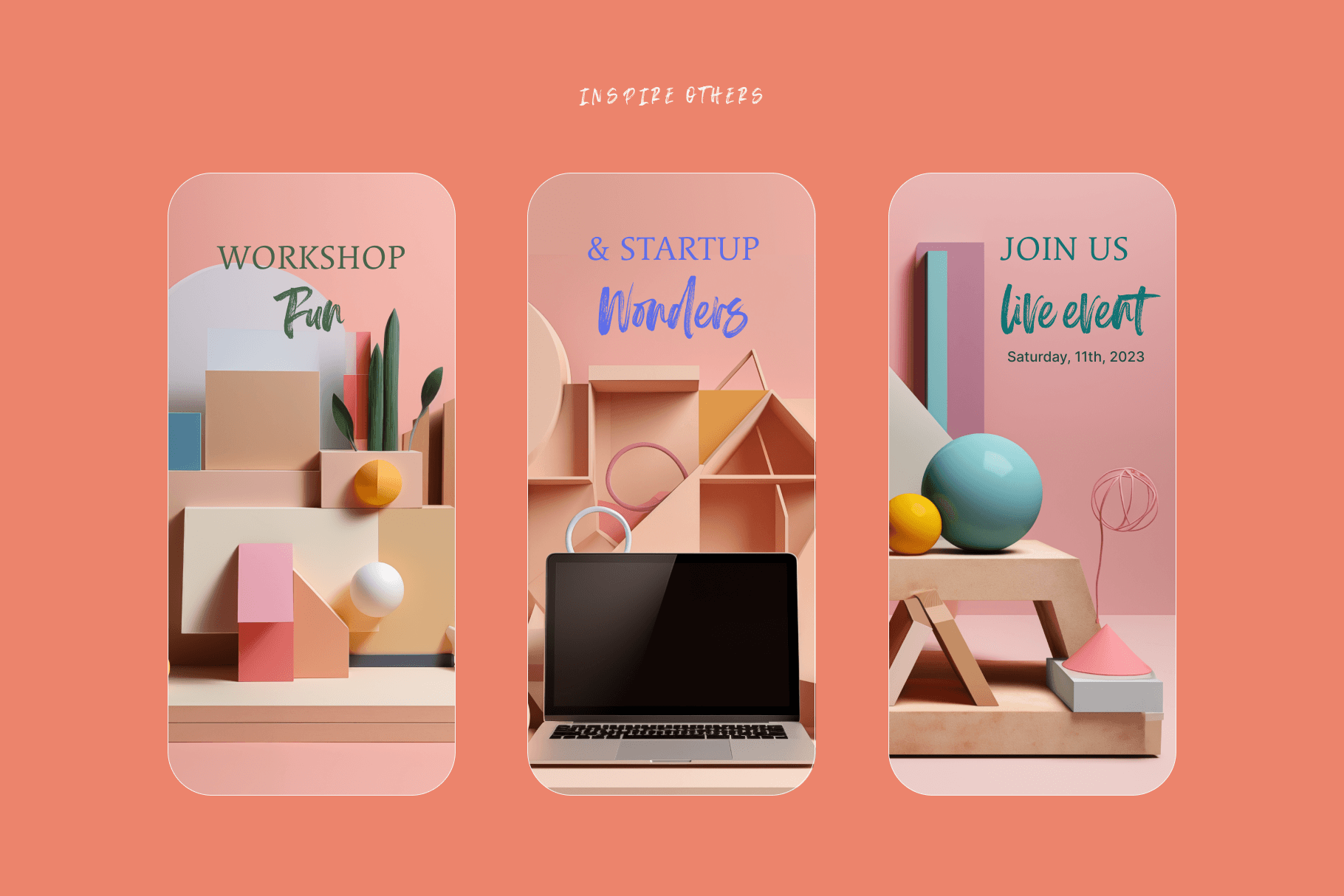 A series of social media posts advertising a work event showcasing a laptop and geometric wooden objects with minimalist arrangements with soft hues of pink, purple and blue.