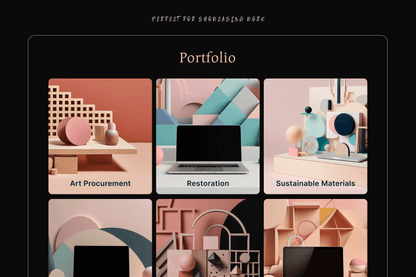 A photograph of an online portfolio with a series of photographic tiles showcasing laptops, tech and geometric wooden objects with minimalist arrangement and fun compositions.