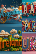 A collage of six colorful 3D country and place name designs, including Argentina, Japan, Spain, Ireland, and the UK, styled with textured letters, flowers, clouds, and decorative elements on blue, pink, and teal backgrounds.